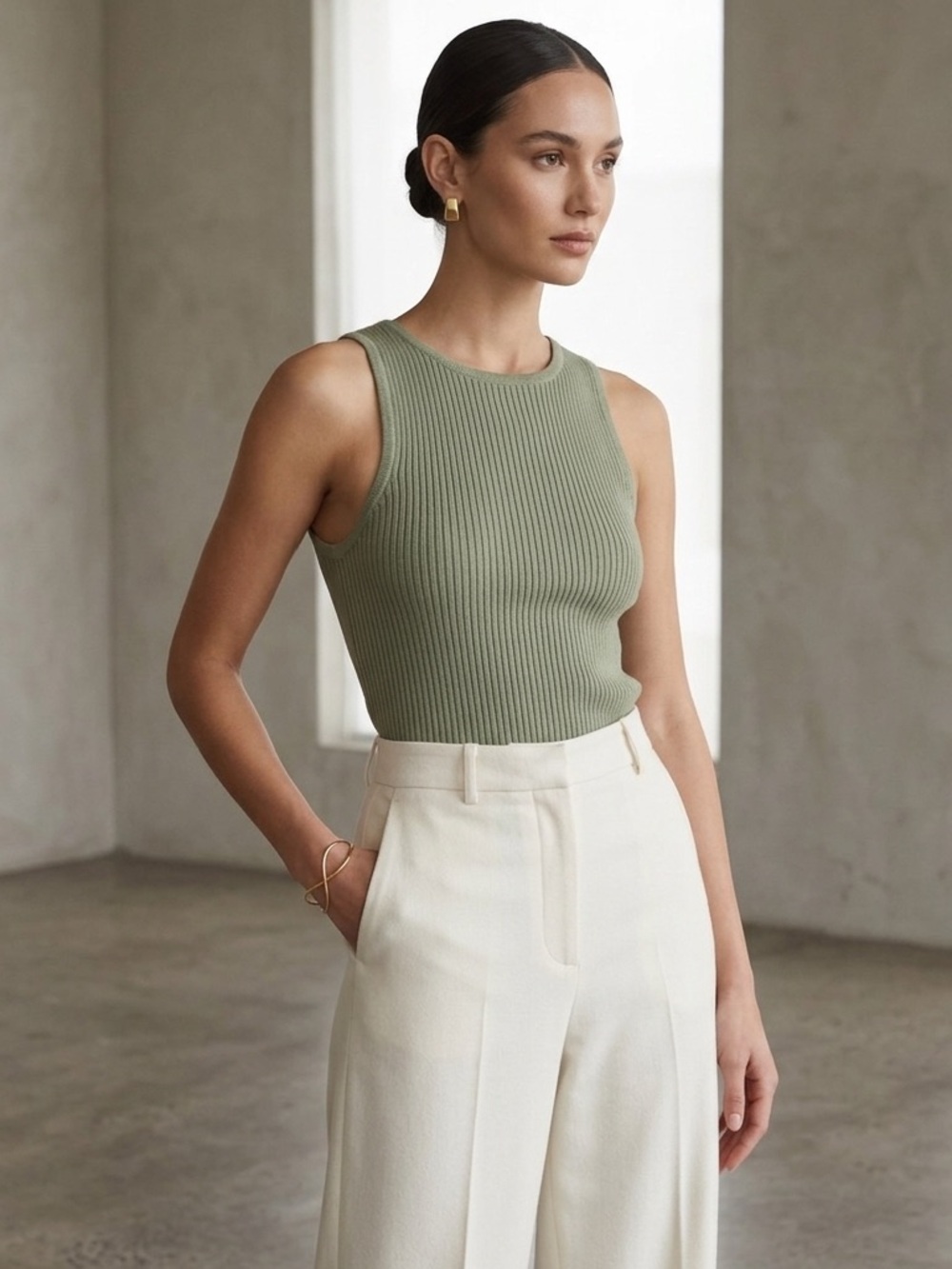 Lilya 100% cotton green ribbed knit tank top size large